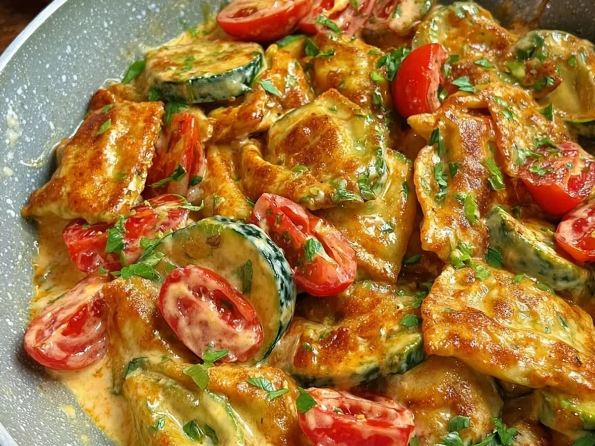 Cremige Maultaschenpfanne mit Zucchini & Tomaten - Bild 1
