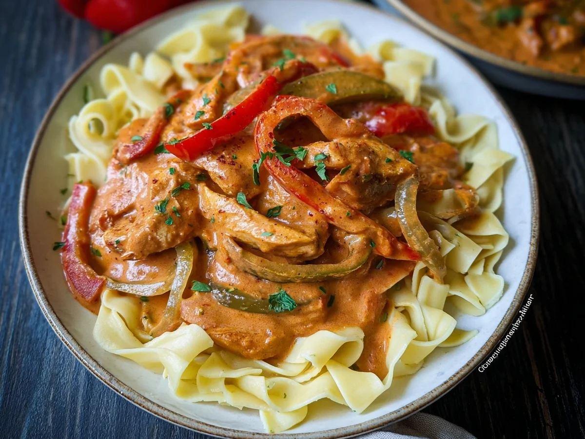Cremiges Paprika Sahne Hähnchen mit Bandnudeln Rezept - Bild 1