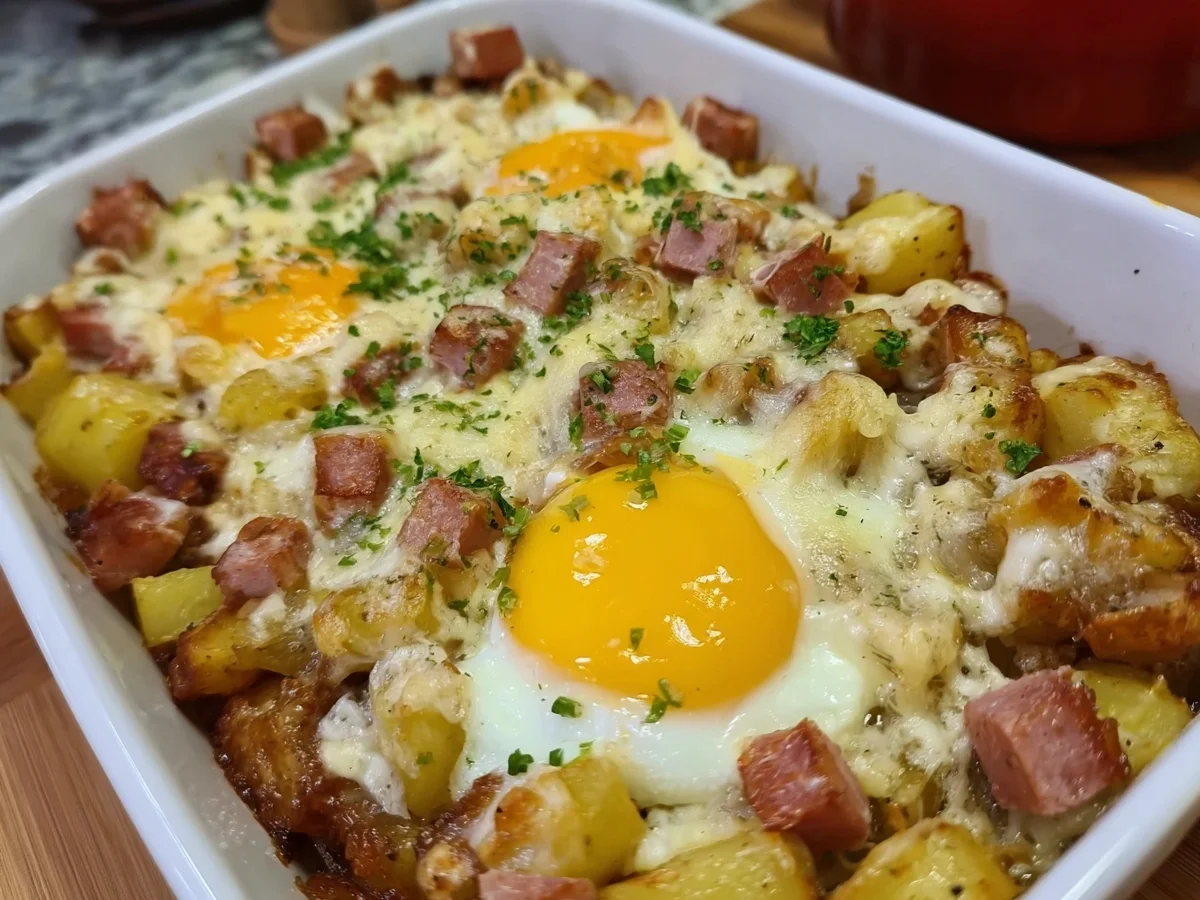 Deftiger Leberkäse-Kartoffelauflauf mit Spiegelei Rezept - Bild 1