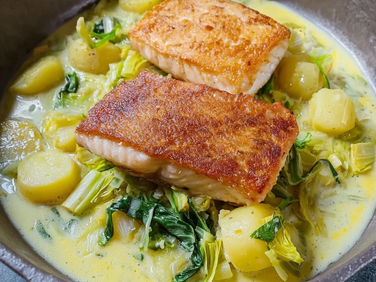 Gebratenes Seelachsfilet mit Kartoffeln & Lauch-Sahne-Soße - Bild 1