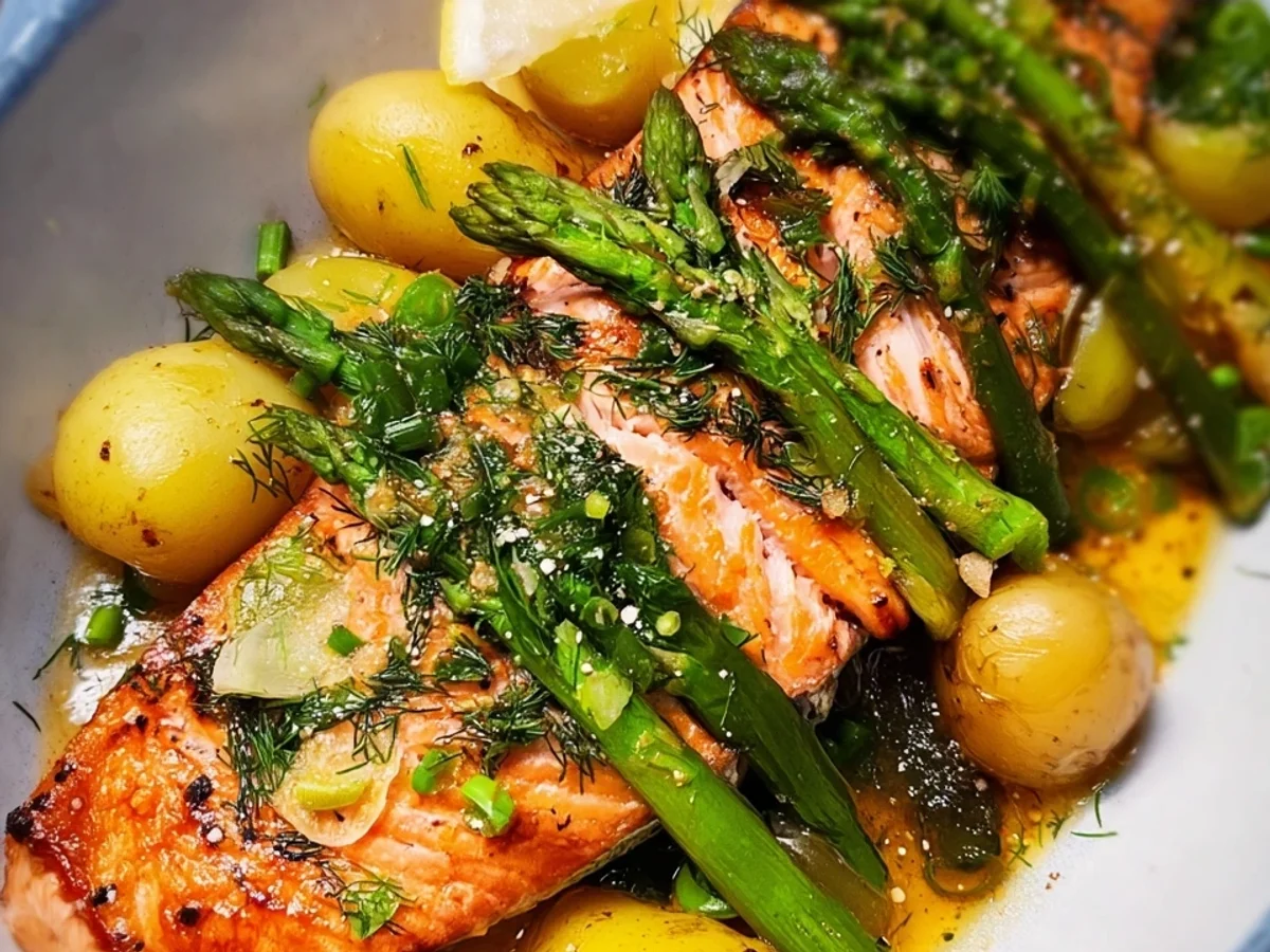 Gefülltes Lachsfilet mit Spargel & Kartoffeln - Bild 1