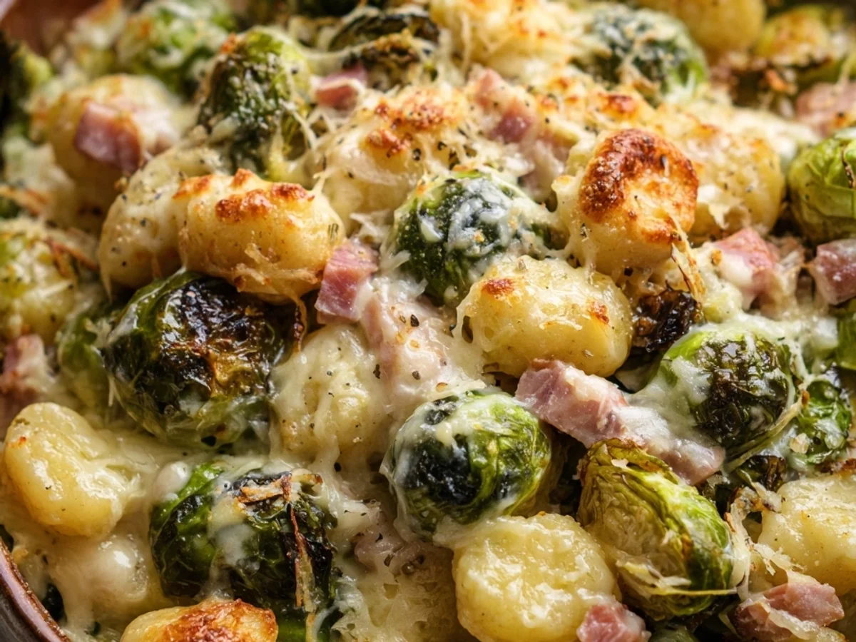 Gnocchi Auflauf mit Rosenkohl & Putenschinken - Bild 1