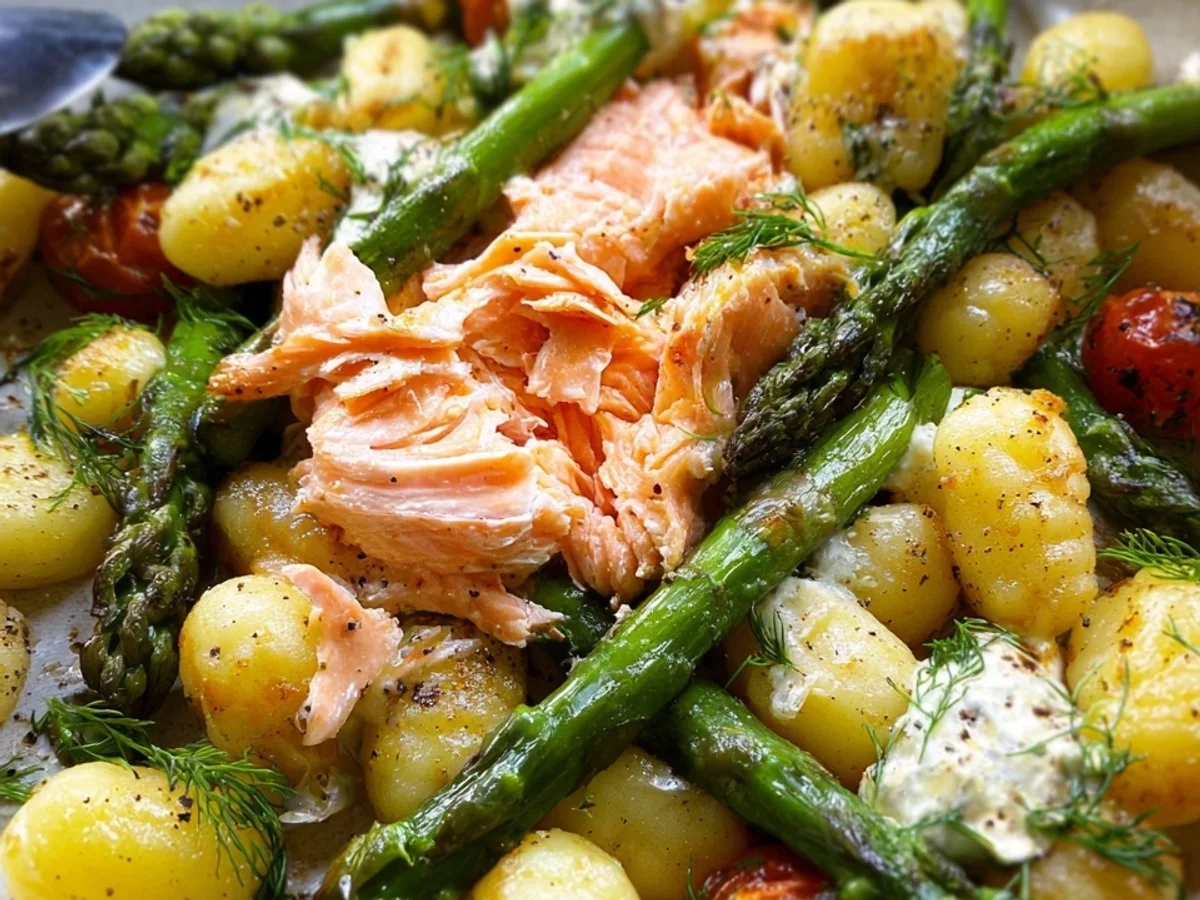 Grüner Spargel mit Lachs & Gnocchi aus dem Ofen - Bild 1
