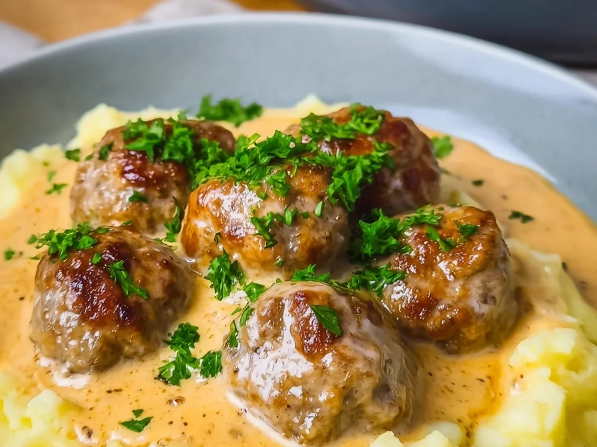 Hackbällchen mit Kartoffelpüree in cremiger Sauce - Bild 1