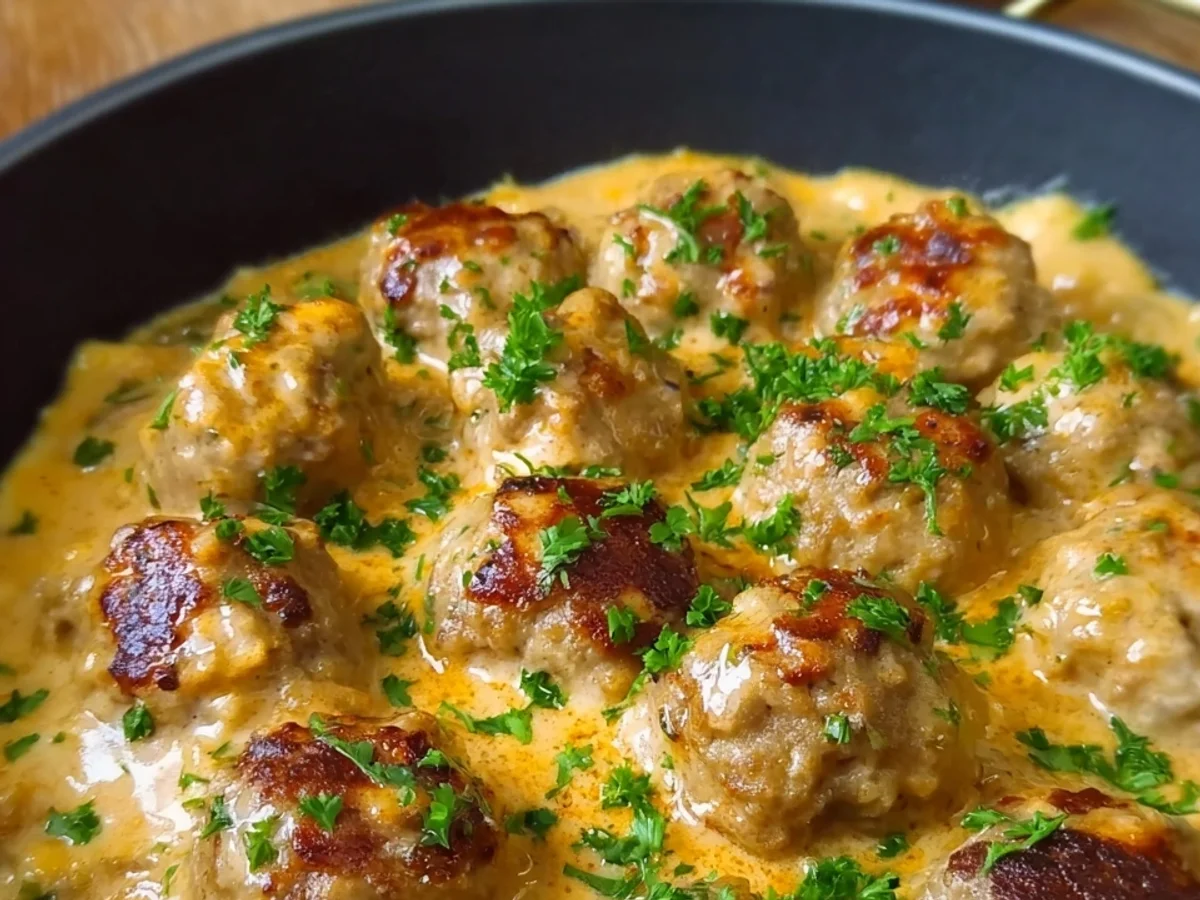 Hackbällchen mit Kartoffelpüree in cremiger Sauce - Bild 2