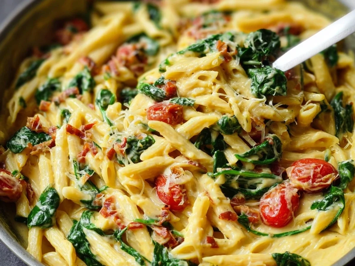 Hummus Pasta mit Spinat & Tomaten Schnell & Vegan - Bild 1