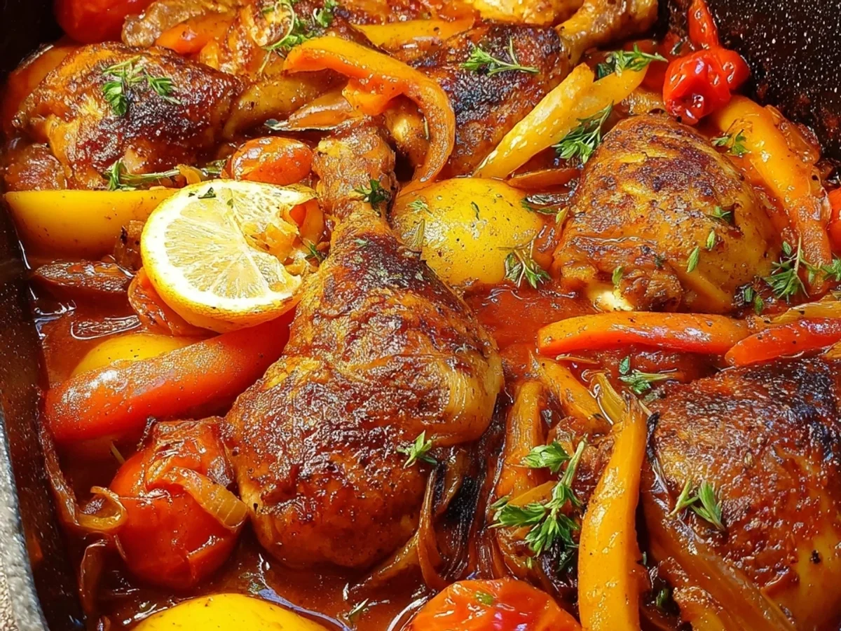 Ofenhähnchen mit Kartoffeln, Paprika & Lauch in Tomatensoße - Bild 1