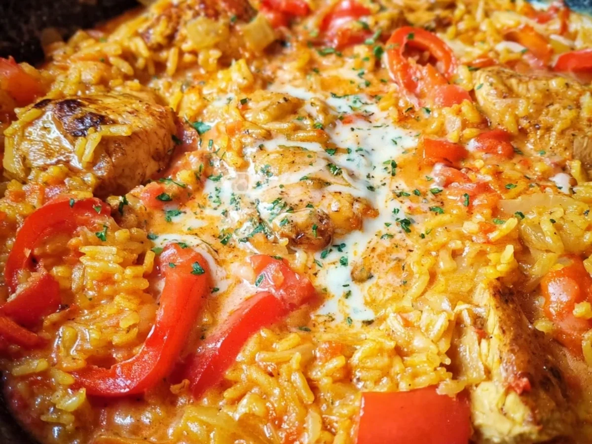 Schnelle Paprika-Hähnchen-Pfanne mit cremigem Reis - Bild 1