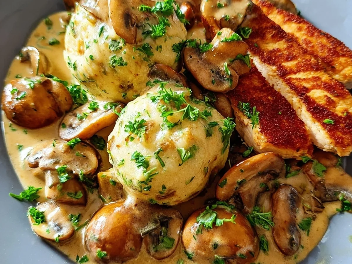 Semmelknödel mit Champignon-Rahm & zartem Putenfilet - Bild 1