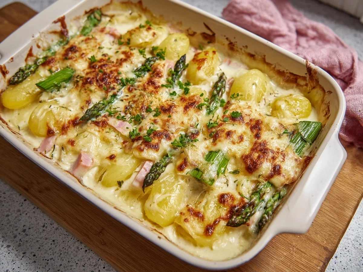 Spargelauflauf mit Kartoffeln & Truthahnschinken einfach - Bild 1