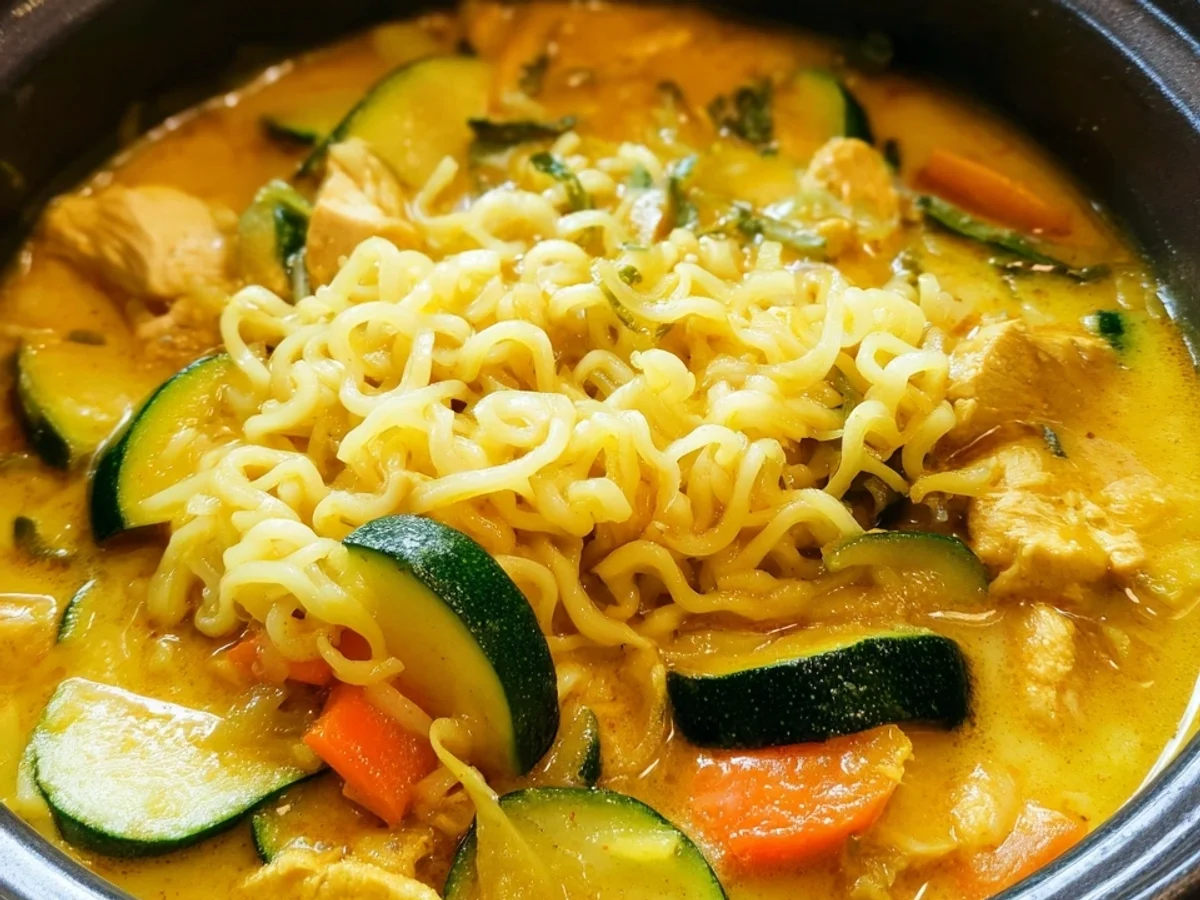 Zucchini Curry Eintopf Laksa Art mit Mie-Nudeln - Bild 1