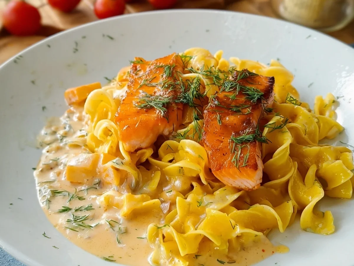 Bandnudeln mit Lachs-Sahnesoße: Schnell & Lecker Rezept - Beitragsbild