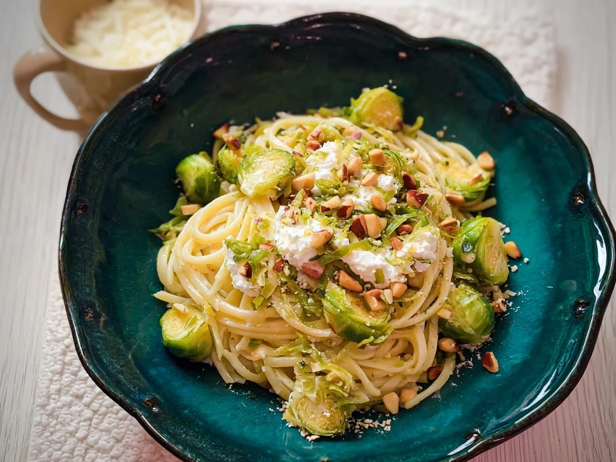 Blitzrezept: Pasta mit Rosenkohl, Mandeln & Ricotta - Beitragsbild