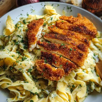 Cremige Alfredo Pasta mit knusprigem Hähnchenschnitzel