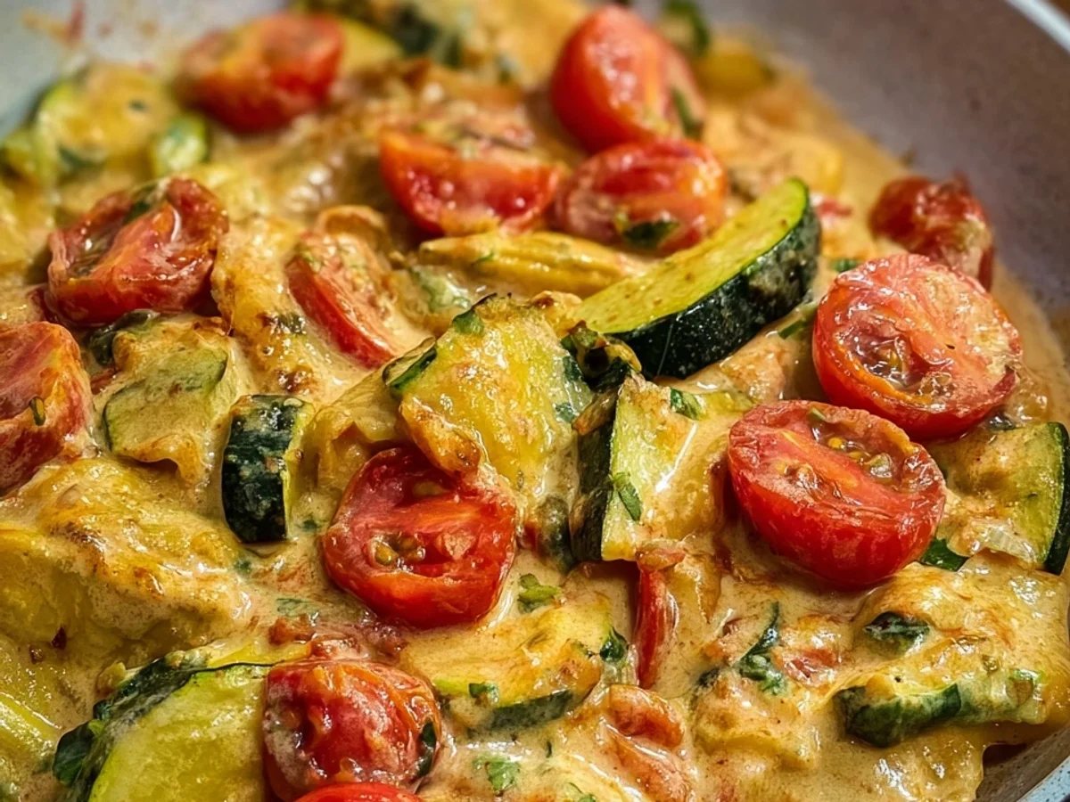 Cremige Maultaschenpfanne mit Zucchini & Tomaten - Beitragsbild