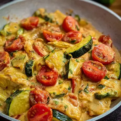 Cremige Maultaschenpfanne mit Zucchini & Tomaten