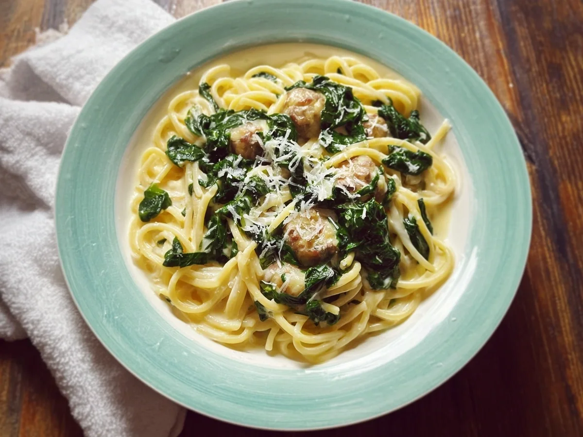 Cremige Pasta mit Sahne-Spinat-Soße schnell & lecker - Beitragsbild