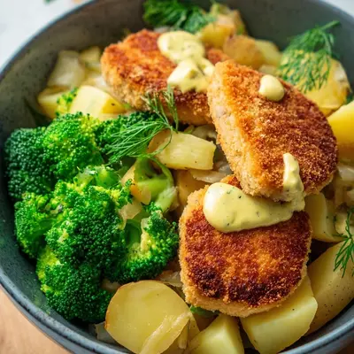 Cremige SoFisch Burger Bowl mit Senfkartoffeln & Brokkoli