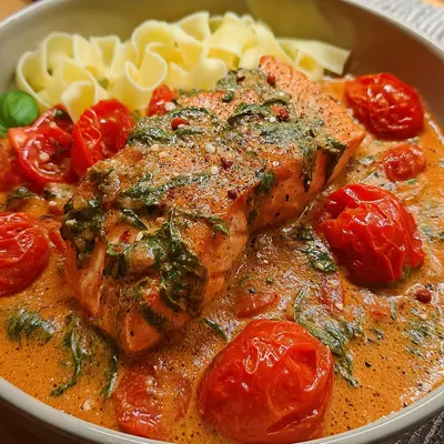 Cremiger Ofenlachs in Tomaten-Sahnesoße in 25 Min.