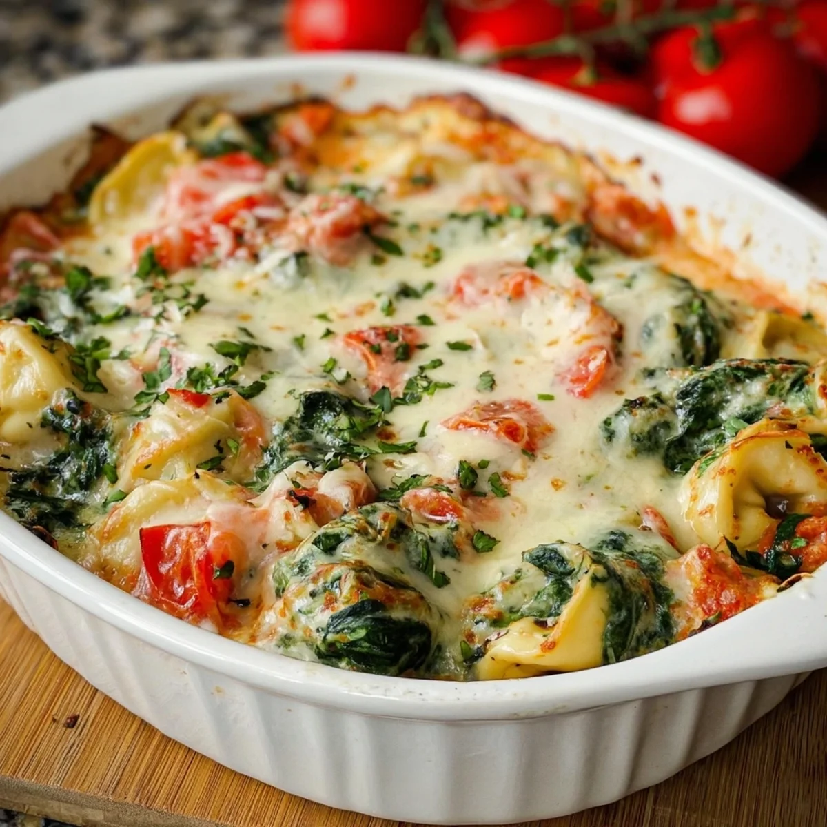 Cremiger Tortellini-Spinat Auflauf mit Tomaten