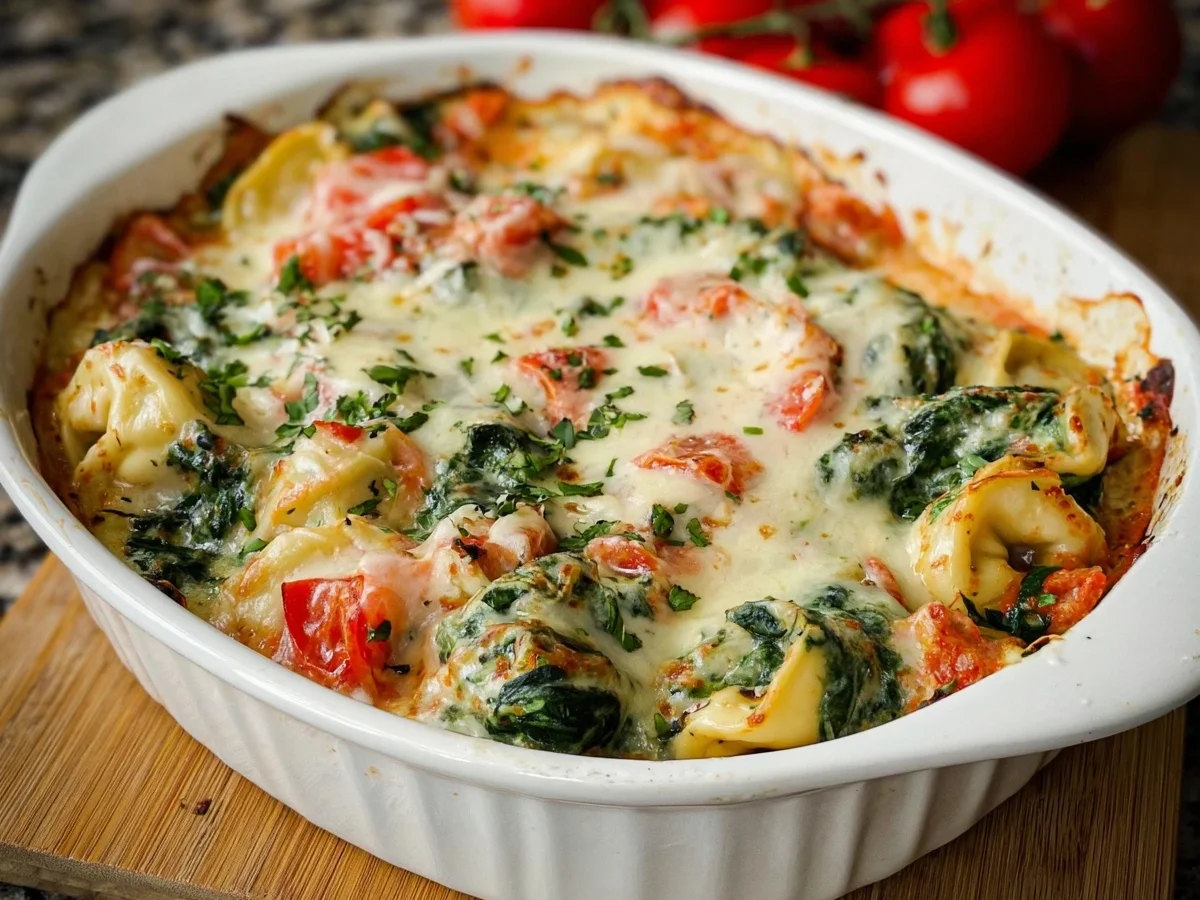Cremiger Tortellini-Spinat Auflauf mit Tomaten - Beitragsbild