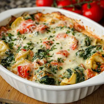 Cremiger Tortellini-Spinat Auflauf mit Tomaten