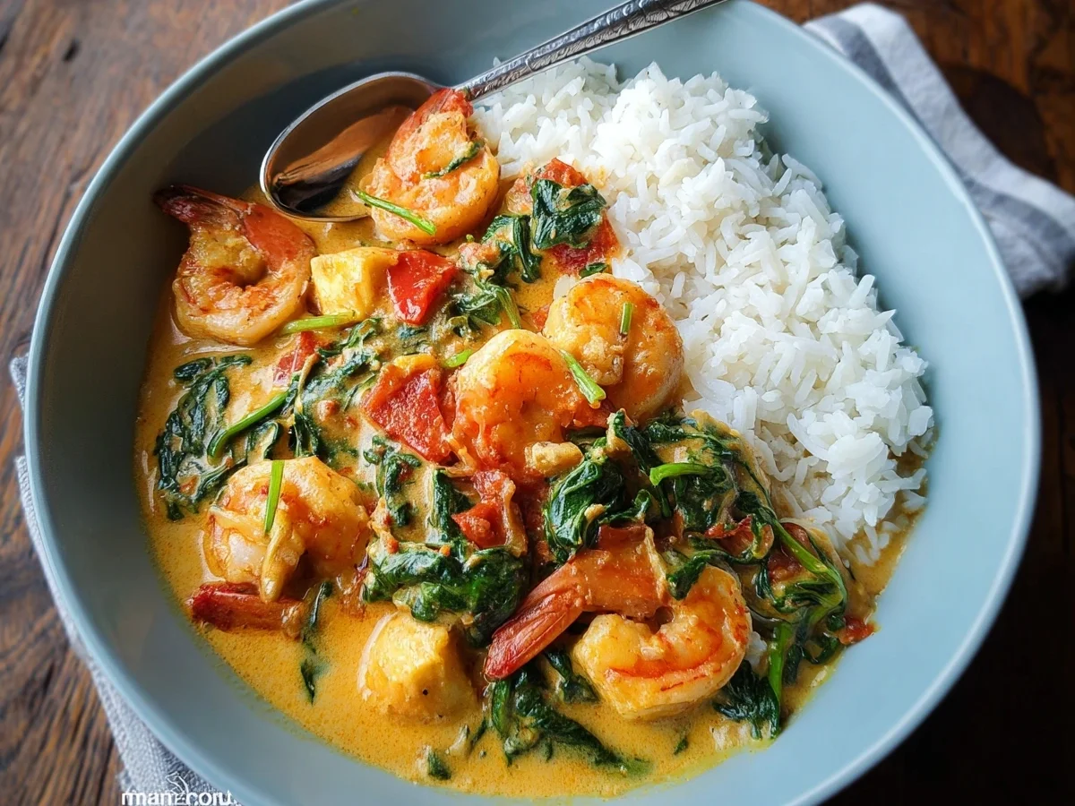 Cremiges Garnelen-Curry mit Kokosmilch & Spinat - Beitragsbild