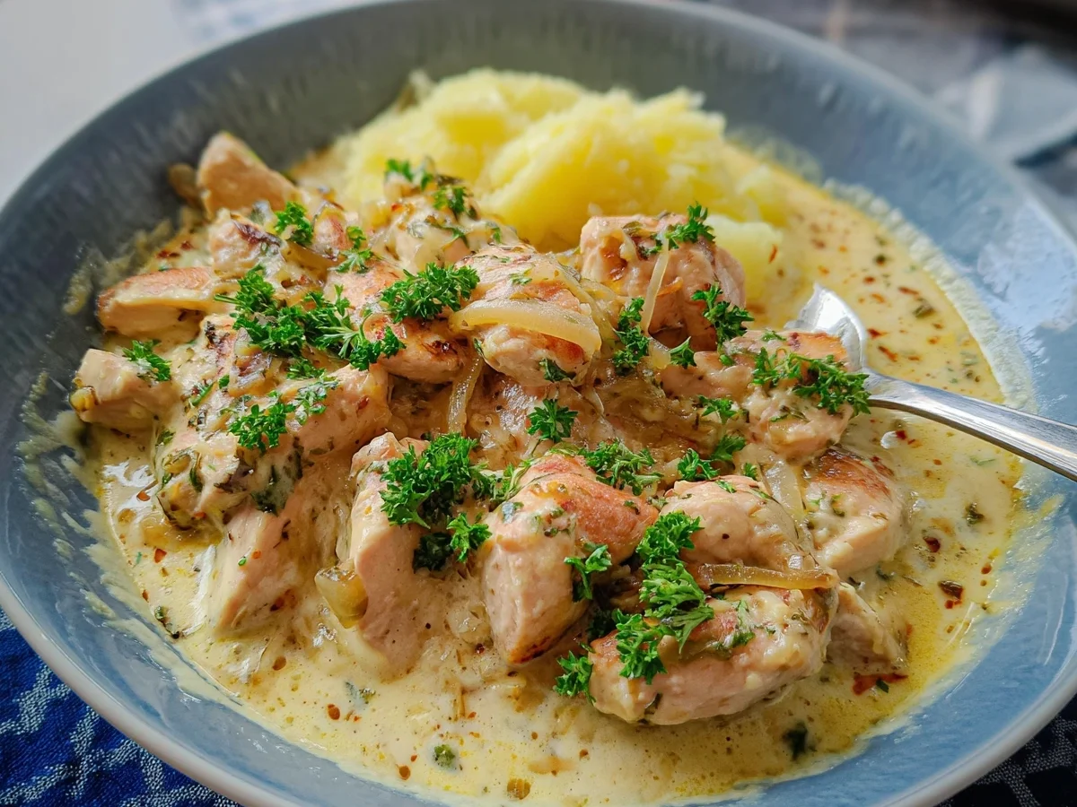 Cremiges Hähnchengeschnetzeltes mit Frischkäsesauce - Beitragsbild