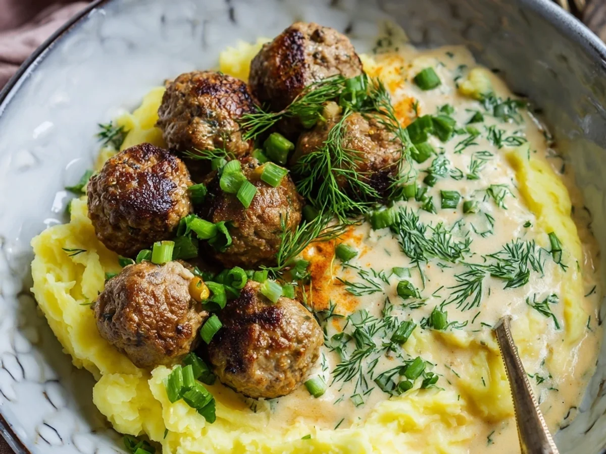 Cremiges Kartoffelpü mit Wikinger Soße & Hackbällchen - Beitragsbild