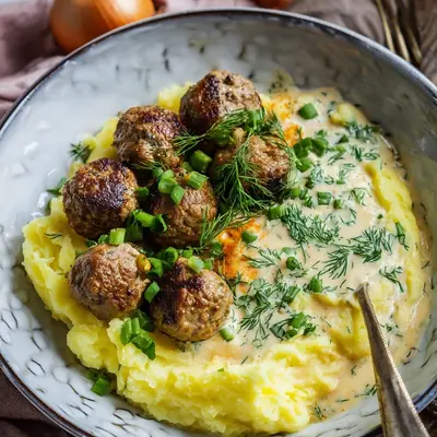 Cremiges Kartoffelpü mit Wikinger Soße & Hackbällchen