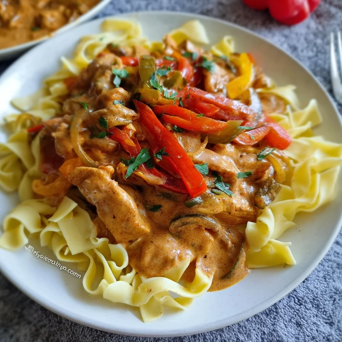 Cremiges Paprika Sahne Hähnchen mit Bandnudeln Rezept