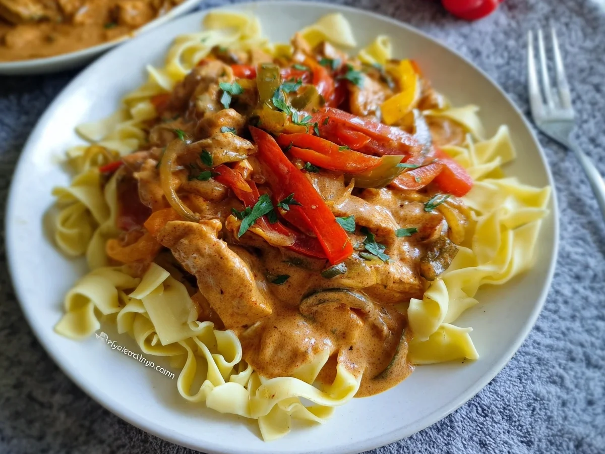 Cremiges Paprika Sahne Hähnchen mit Bandnudeln Rezept - Beitragsbild