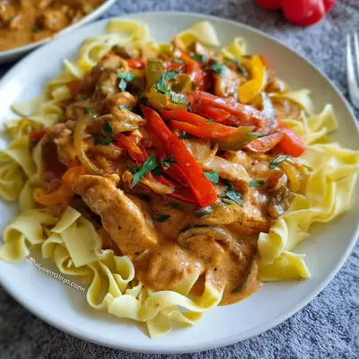 Cremiges Paprika Sahne Hähnchen mit Bandnudeln Rezept