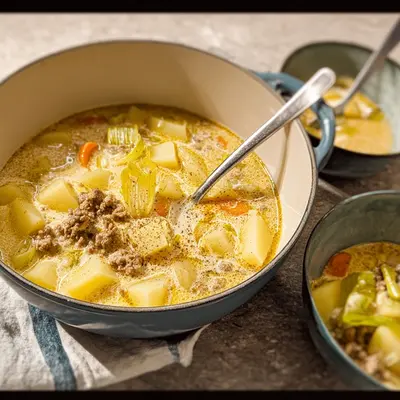 Deftige Kartoffelsuppe mit Rinderhack und Lauch