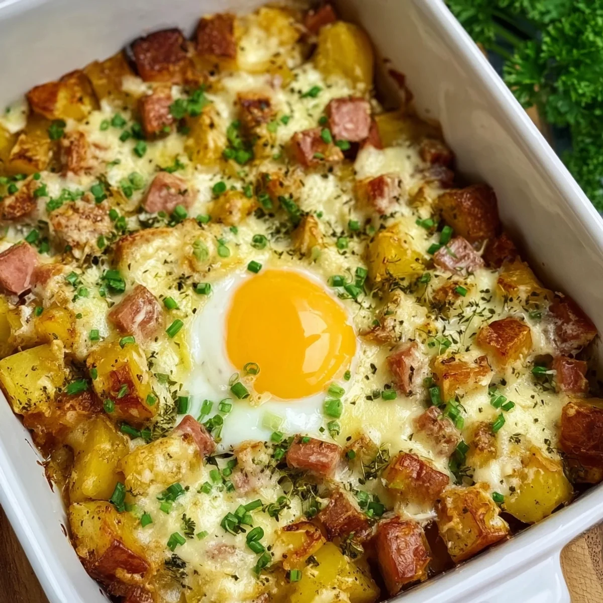 Deftiger Leberkäse-Kartoffelauflauf mit Spiegelei Rezept