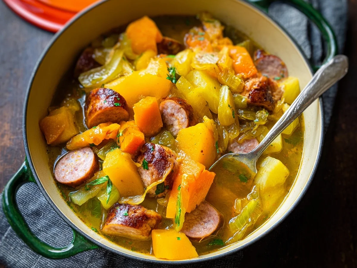 Deutscher Herbst-Eintopf mit Kürbis & Rinderwürstchen - Beitragsbild