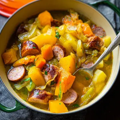 Deutscher Herbst-Eintopf mit Kürbis & Rinderwürstchen