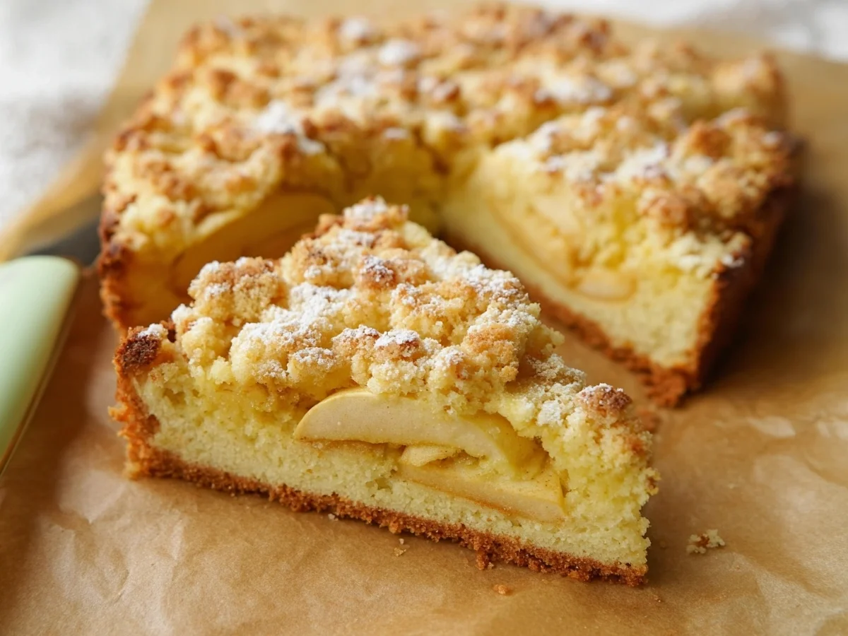 Einfacher Apfelkuchen vom Blech mit knusprigen Streuseln - Beitragsbild