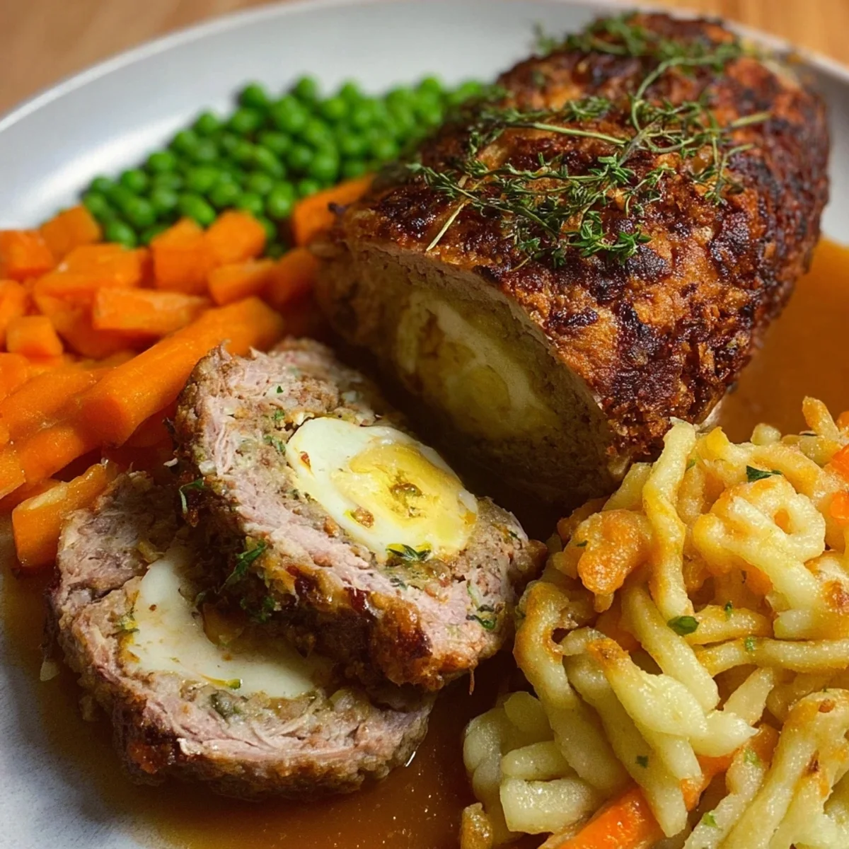 Falscher Hase mit Lamm, Möhren & hausgemachten Spätzle