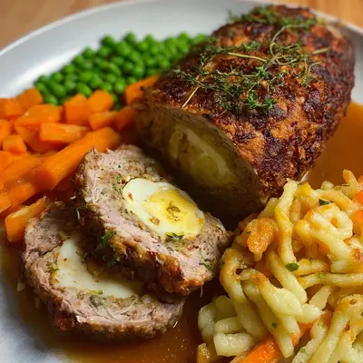 Falscher Hase mit Lamm, Möhren & hausgemachten Spätzle