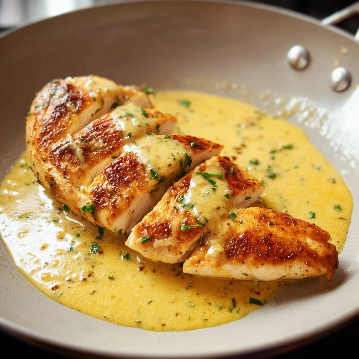 Gebratene Hähnchenbrust mit cremiger Senfsauce