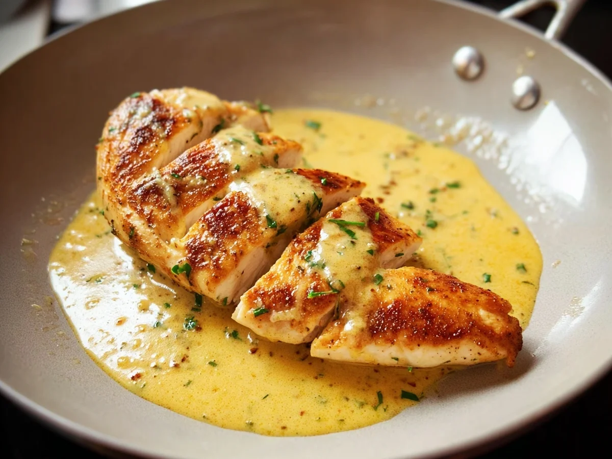 Gebratene Hähnchenbrust mit cremiger Senfsauce - Beitragsbild