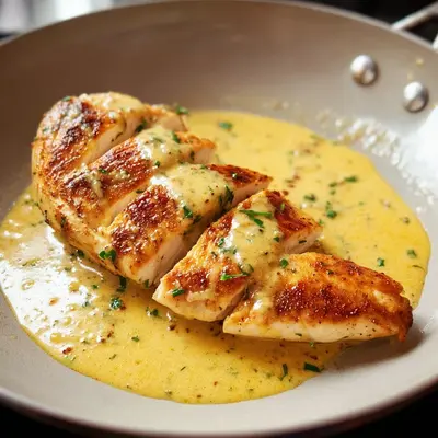 Gebratene Hähnchenbrust mit cremiger Senfsauce