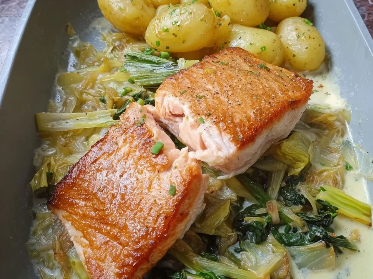 Gebratenes Seelachsfilet mit Kartoffeln & Lauch-Sahne-Soße - Beitragsbild