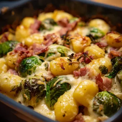 Gnocchi Auflauf mit Rosenkohl & Putenschinken