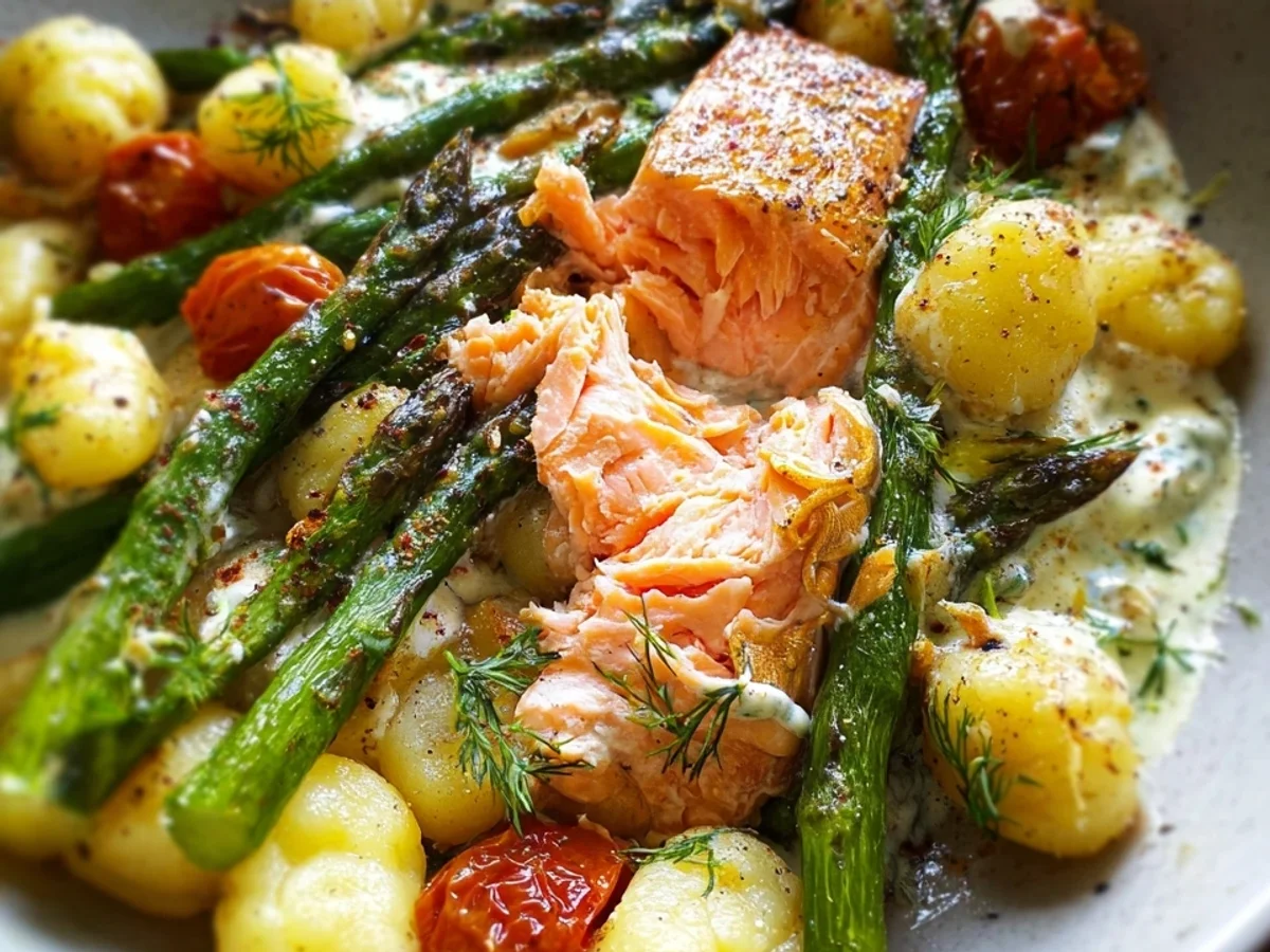 Grüner Spargel mit Lachs & Gnocchi aus dem Ofen - Beitragsbild