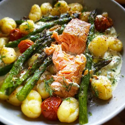 Grüner Spargel mit Lachs & Gnocchi aus dem Ofen
