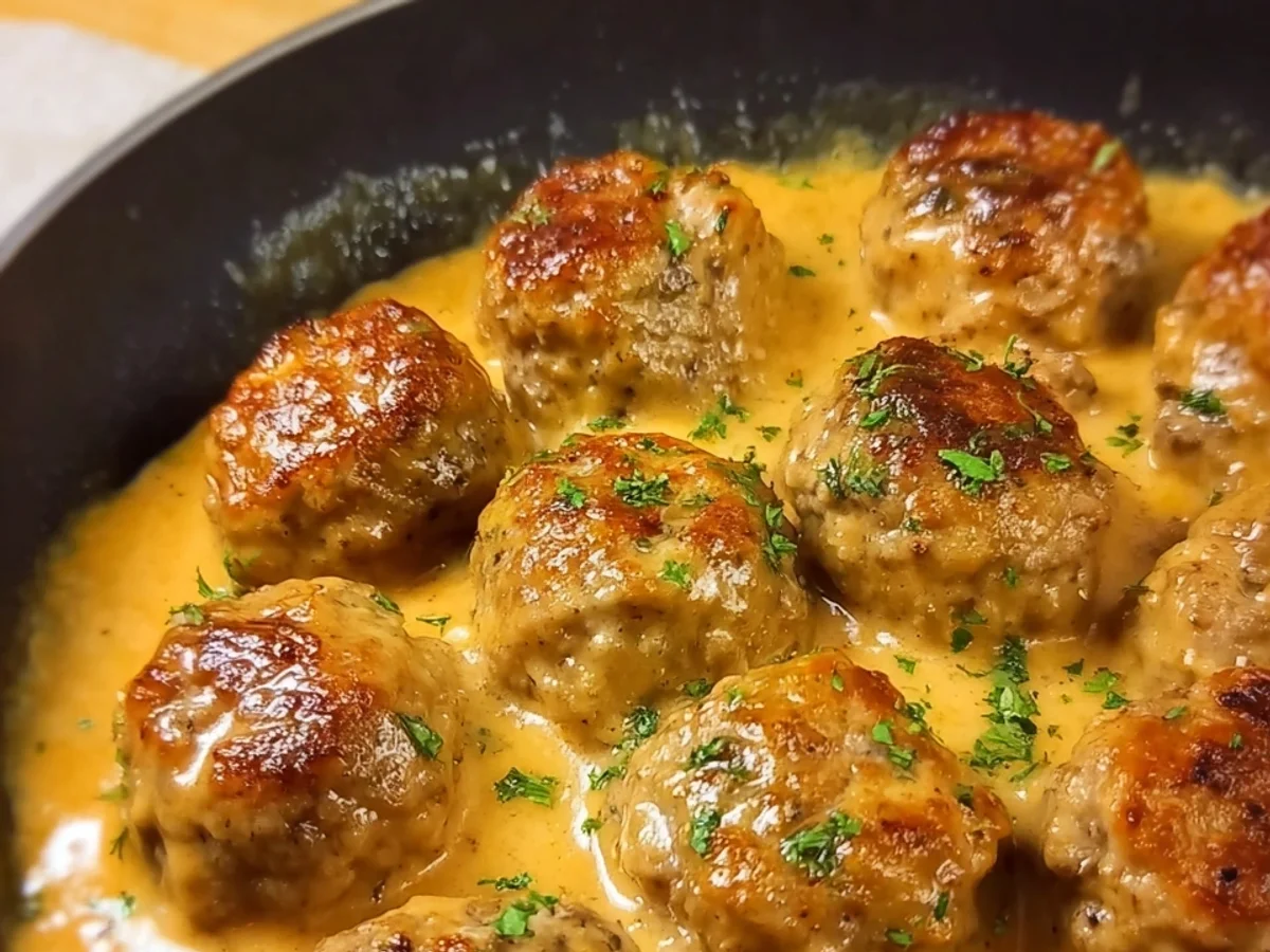 Hackbällchen mit Kartoffelpüree in cremiger Sauce - Beitragsbild