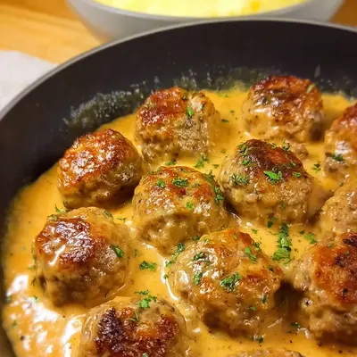 Hackbällchen mit Kartoffelpüree in cremiger Sauce