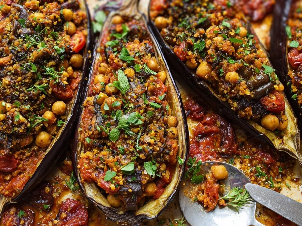 Herzhafte Vegane Gefüllte Aubergine Orientalisch - Beitragsbild